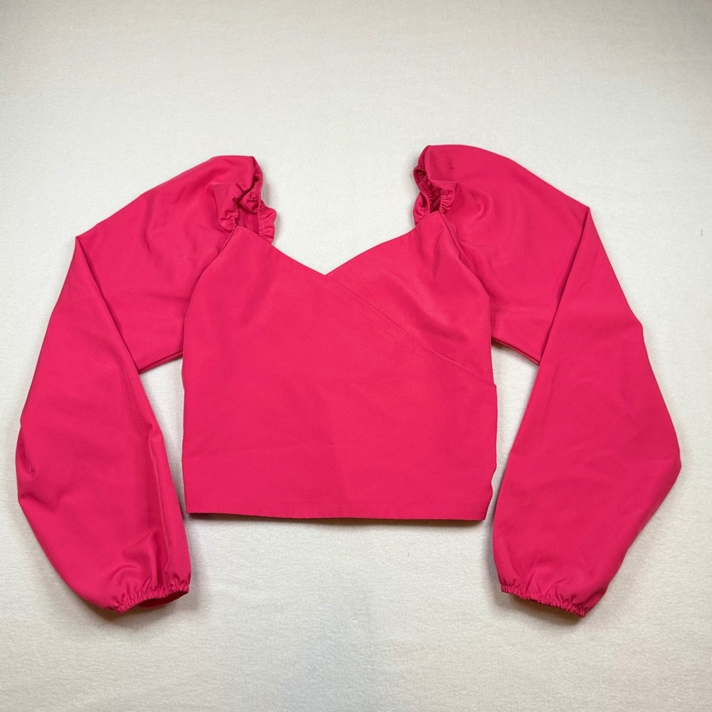 SHEIN Hot Pink Wrap Front Puff Sleeve Crop Top Small Sweetheart Neck Smocked
